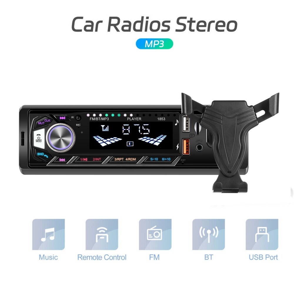 Car Radio Stereo Bluetooth 1Din FM Audio Head Unit MP3 USB/TF/AUX/Phone Holder