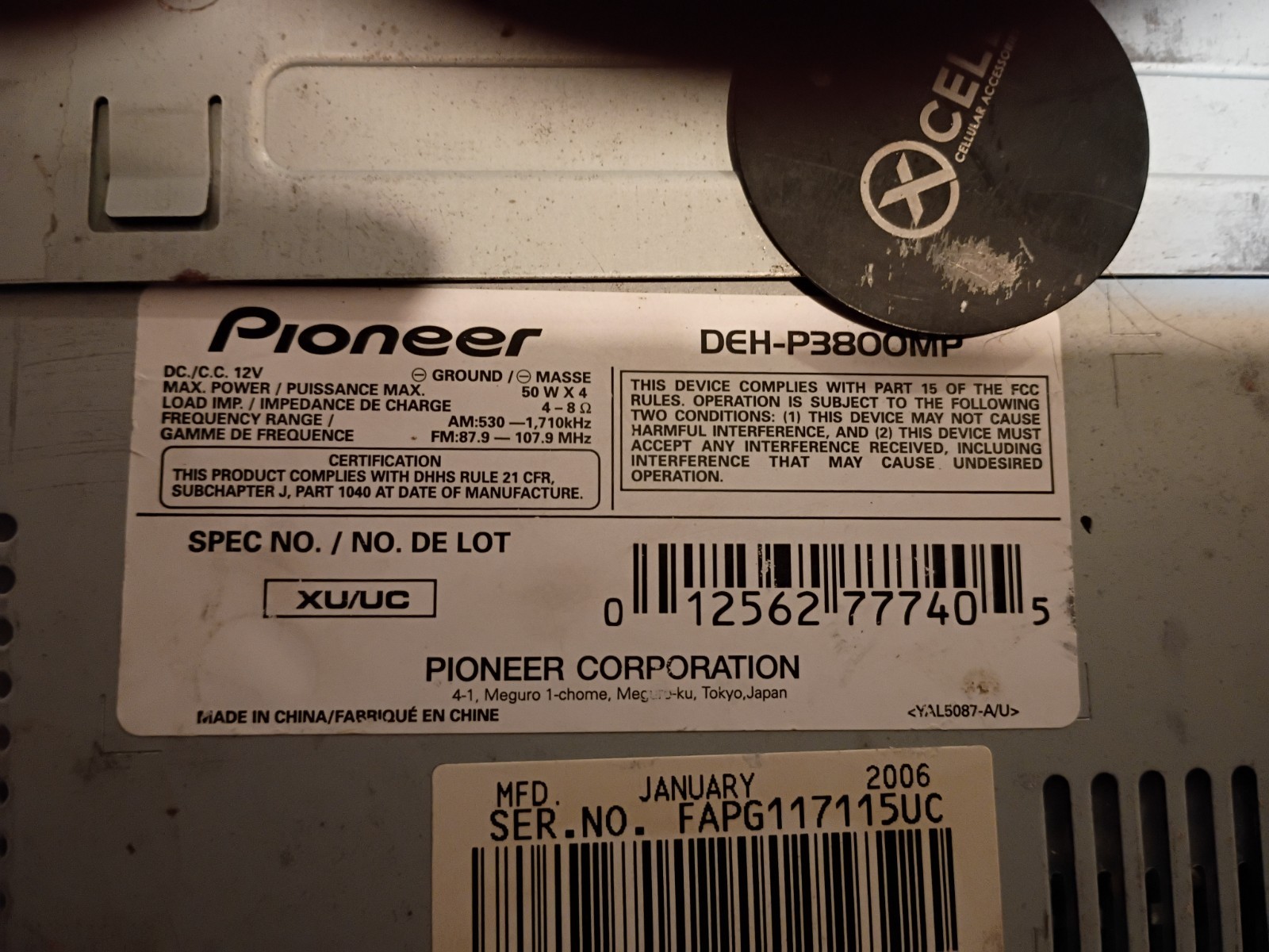 Pioneer DEH-P3800MP CD Player In Dash Receiver