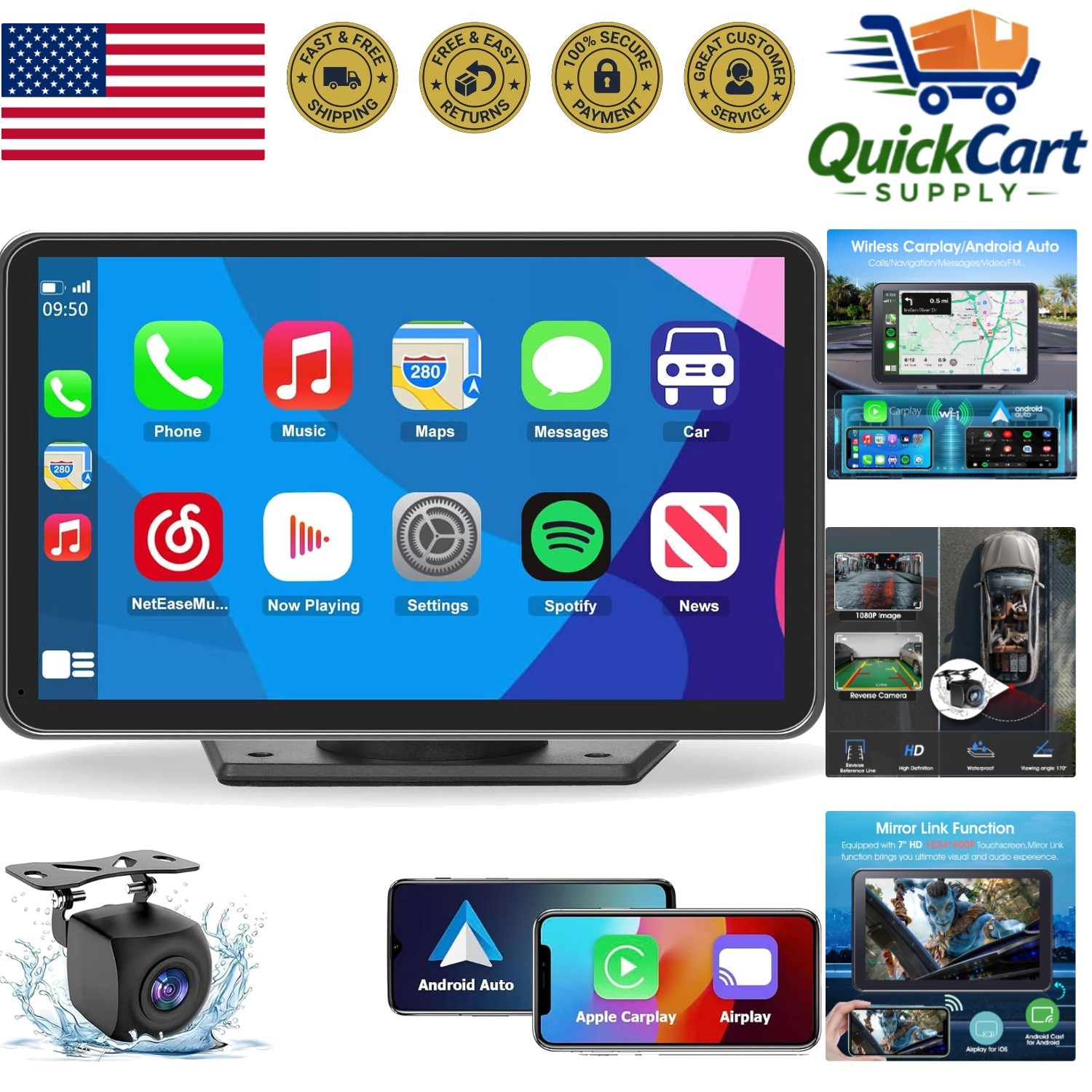 Seamless 7” Wireless Car Screen – CarPlay, Android Auto & Backup Assistance