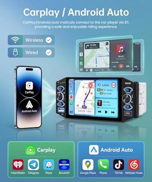 5 Inch Single Din Car Stereo MP5 Multimedia Player with Wireless Carplay