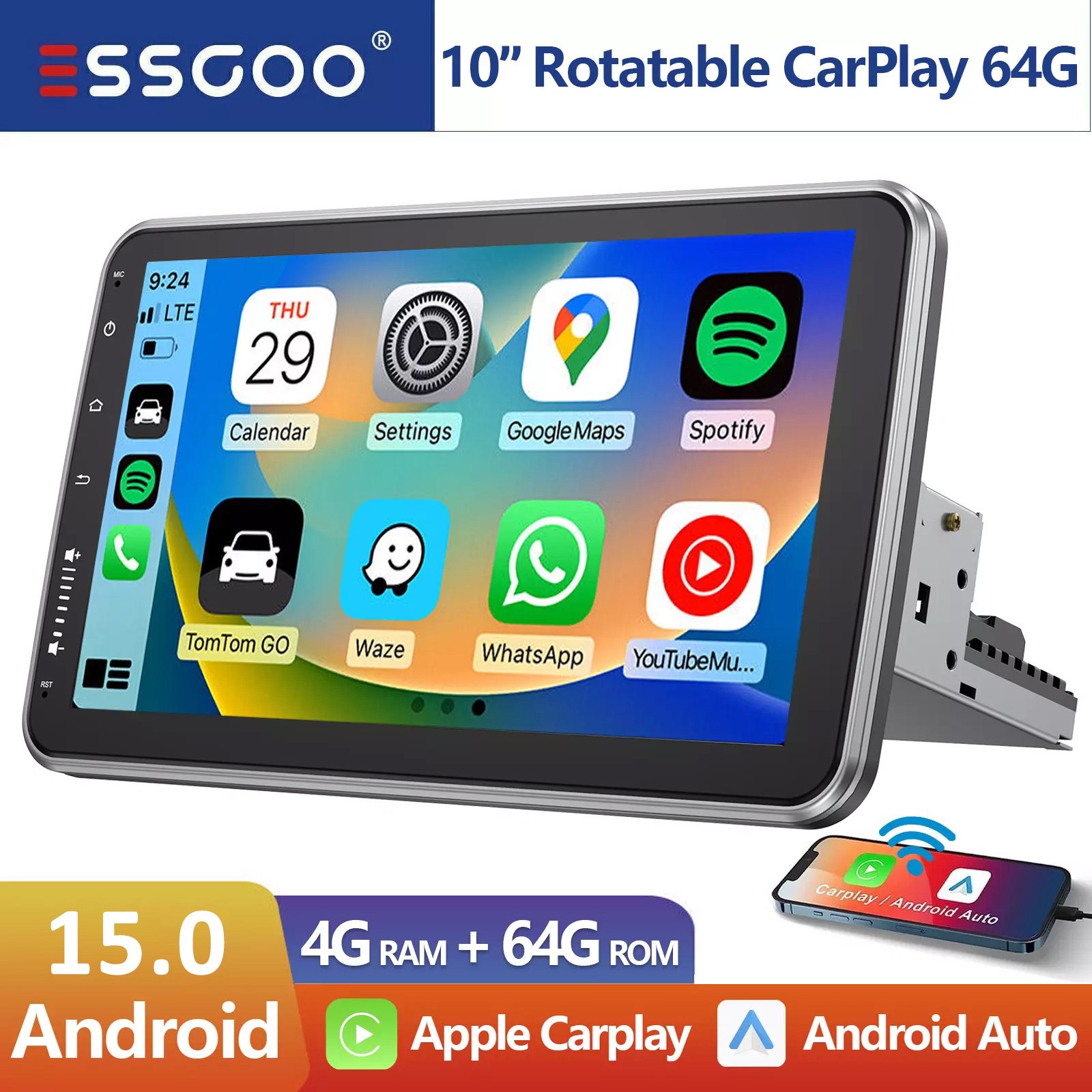 Single 1DIN Rotatable 10.1″ Android 15 Touch Screen Car Stereo Radio GPS Wifi BT