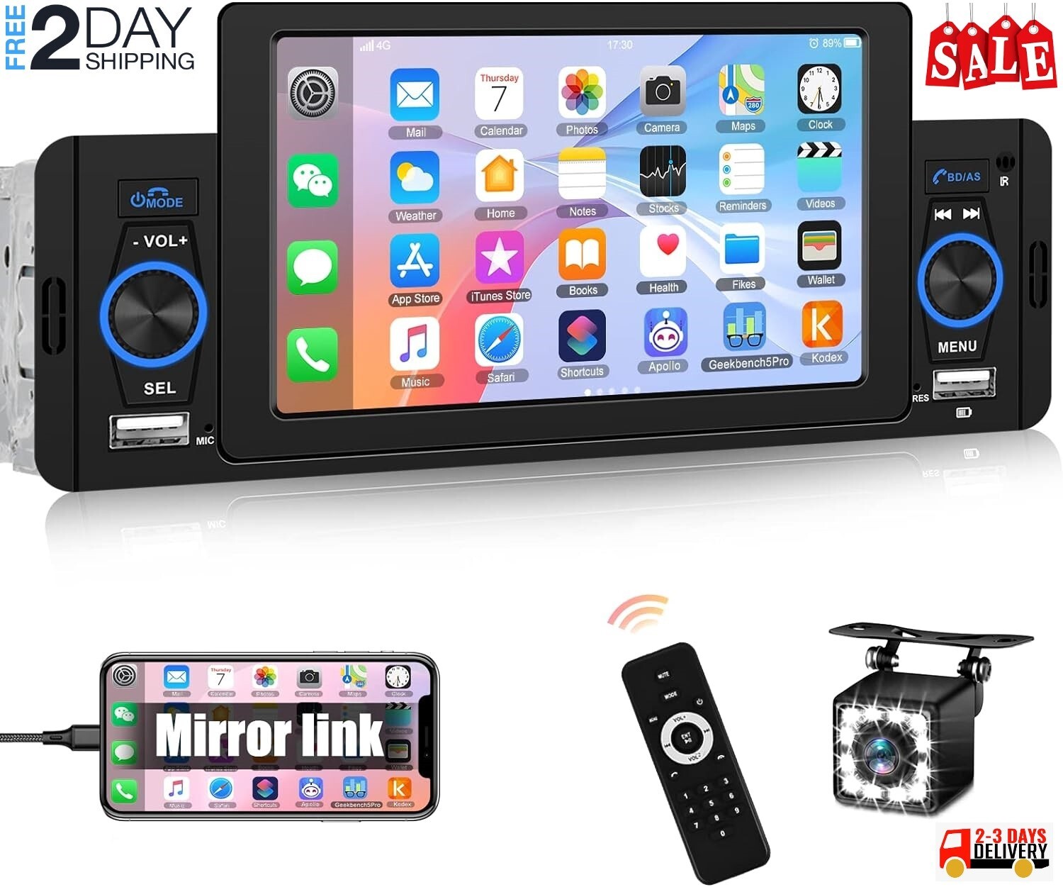 Estereo De Pantalla con Bluetooth Para Coche Carro Auto Backup Camera USB/AUX/FM