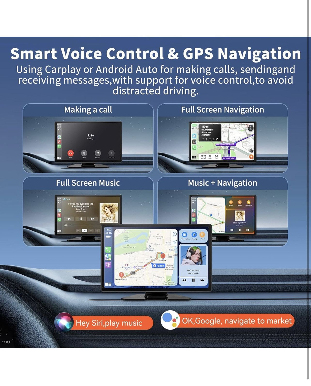 Wireless Carplay Screen with 4K Dash Cam, 9″ Portable Carplay Screen for Black