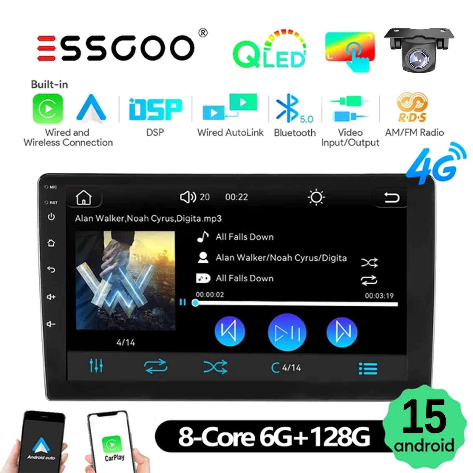 Carplay 2 DIN Android 15 6+128GB 10.1″ Car Stereo Radio 8core GPS FM/AM HeadUnit