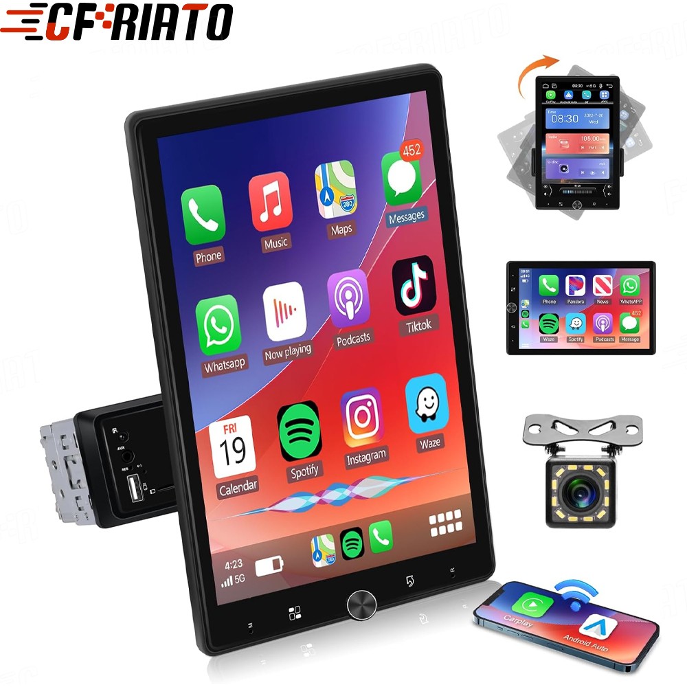 10″ Car Stereo Radio Rotatable Single 1 DIN Wireless Apple CarPlay Android Auto