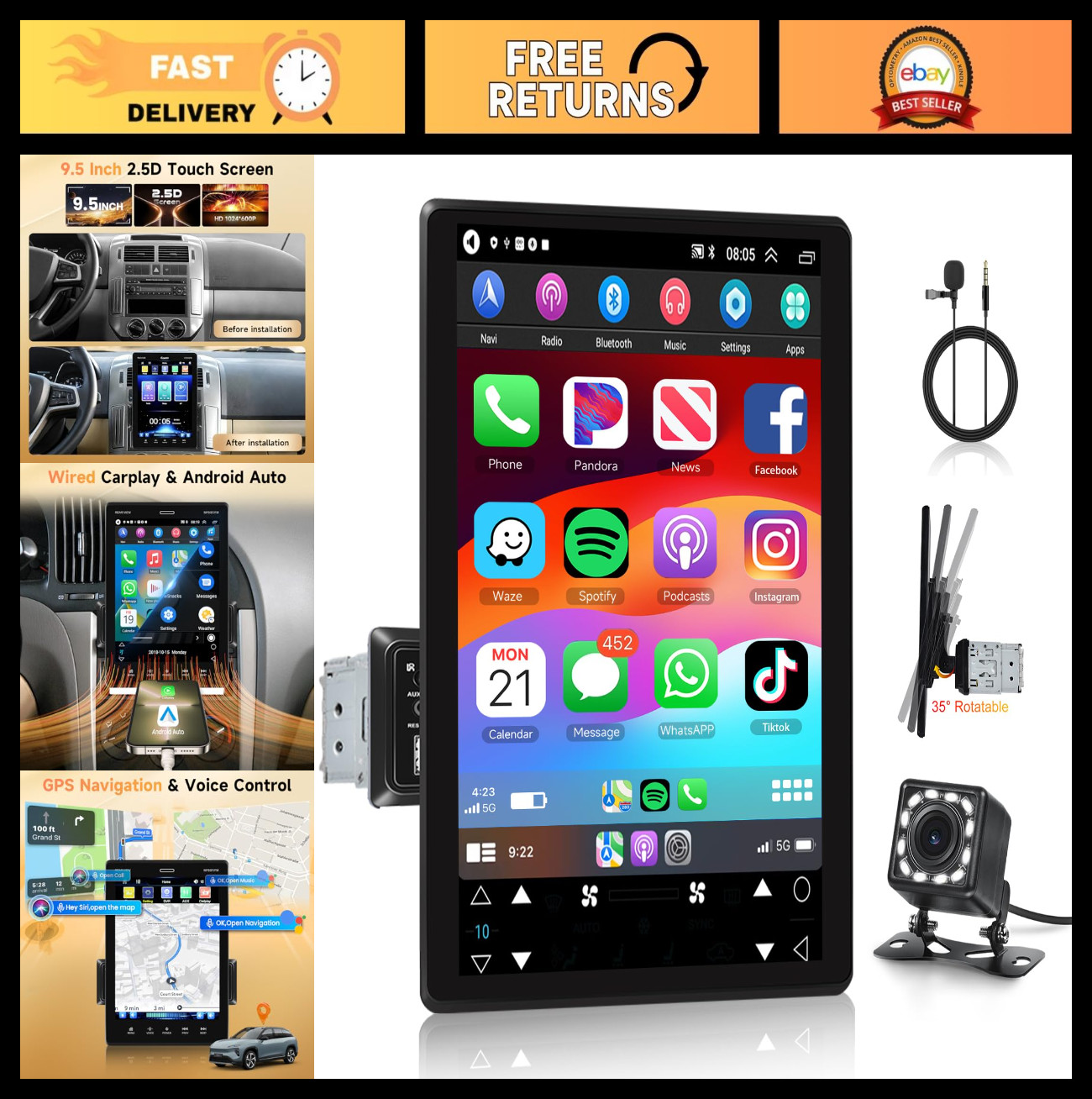 9.5″ CarPlay Android Auto Single DIN Stereo Bluetooth Touchscreen Radio, Backup