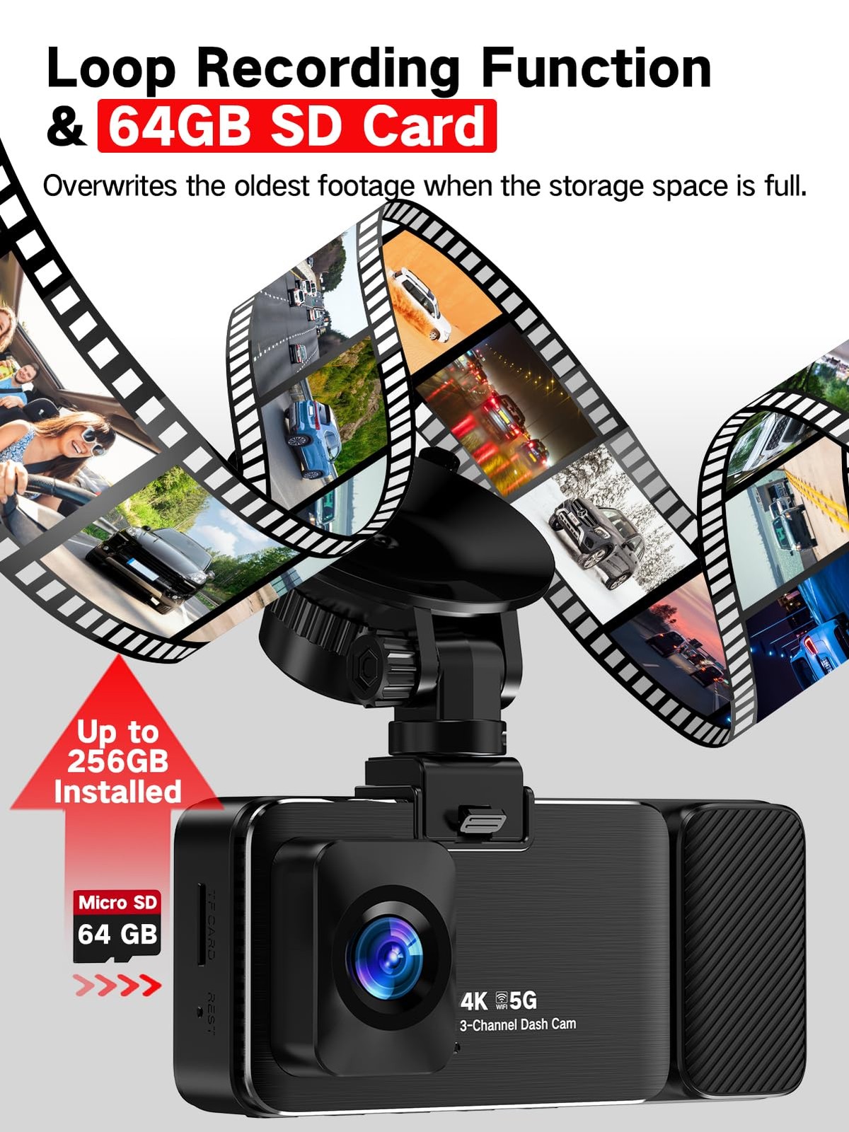 4K UHD 3-Channel Dash Cam Front/Rear/Inside Car Camera with 64GB – Night Vision/