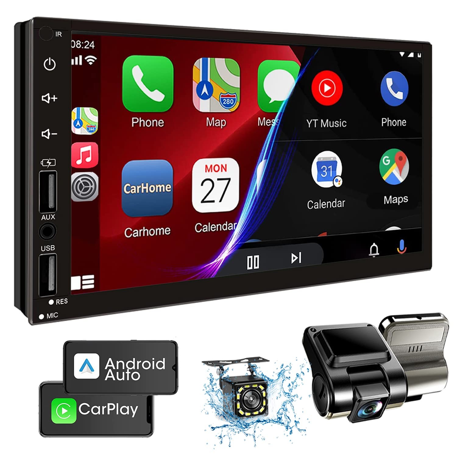 Leadfan Double Din Car Stereo with Dash Cam, Support Apple Carplay and Androi…
