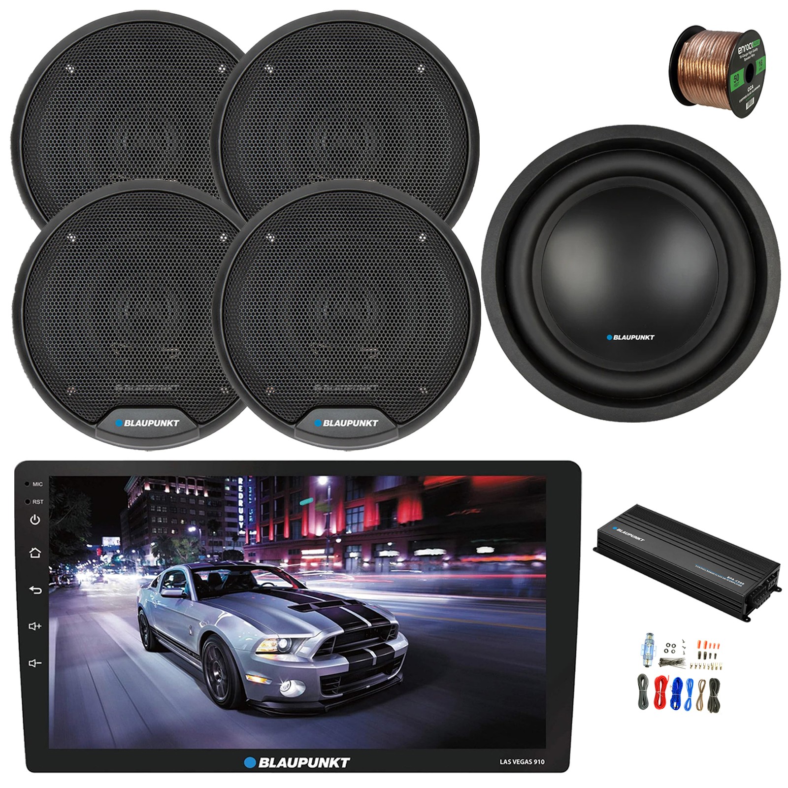 Blaupunkt 10″ Touchscreen WiFi Radio, Amp,Kit, 10″ Sub, 4x 6″ 40W Speaker, Wire