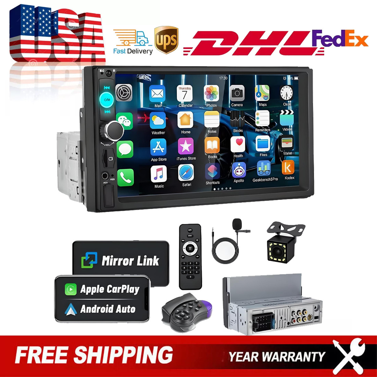 7″ Single 1Din Touch Screen Car Stereo Radio For Apple/Android CarPlay Bluetooth