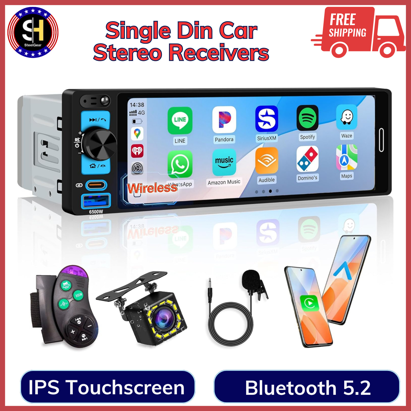 6.5” Single Din Car Stereo Receiver With Wireless Apple CarPlay, IPS Touchscreen