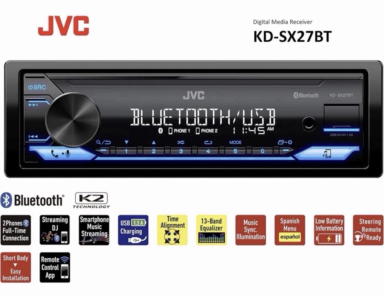 JVC KD-SX27BT Bluetooth Car Stereo 100W AM/FM Aux USB 1.5A Single DIN Head Unit