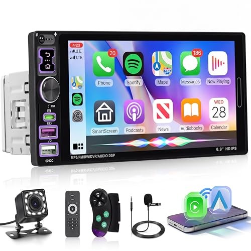 Car Stereo Single Din CarPlay Android Auto, 1 Din Car 6.9 inch Wired Carplay