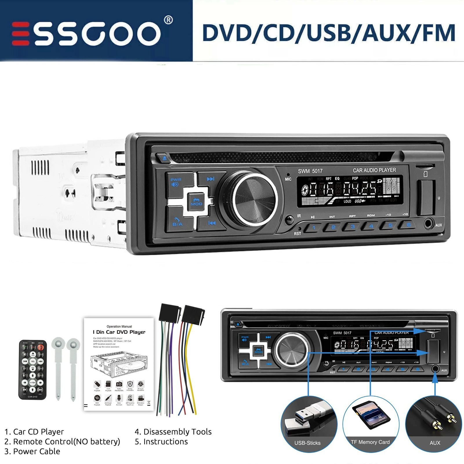 Single 1 Din Car Stereo Radio Player with CD/DVD USB BT FM/AM/RDS SD AUX EQ