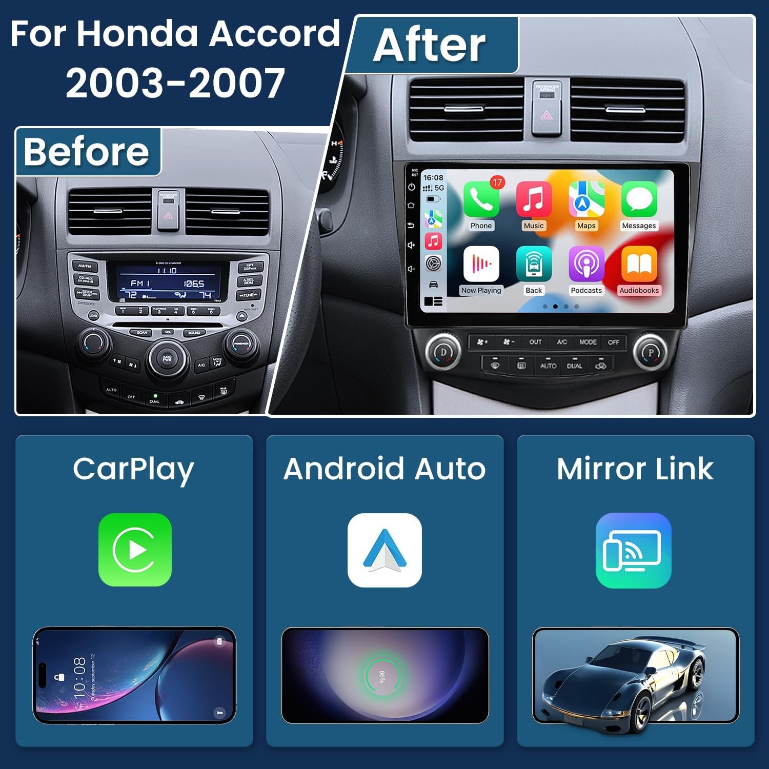 4Core 2G+64G 10.1″ Touchscreen Car Radio Stereo for Honda Accord 7th 2003-2007
