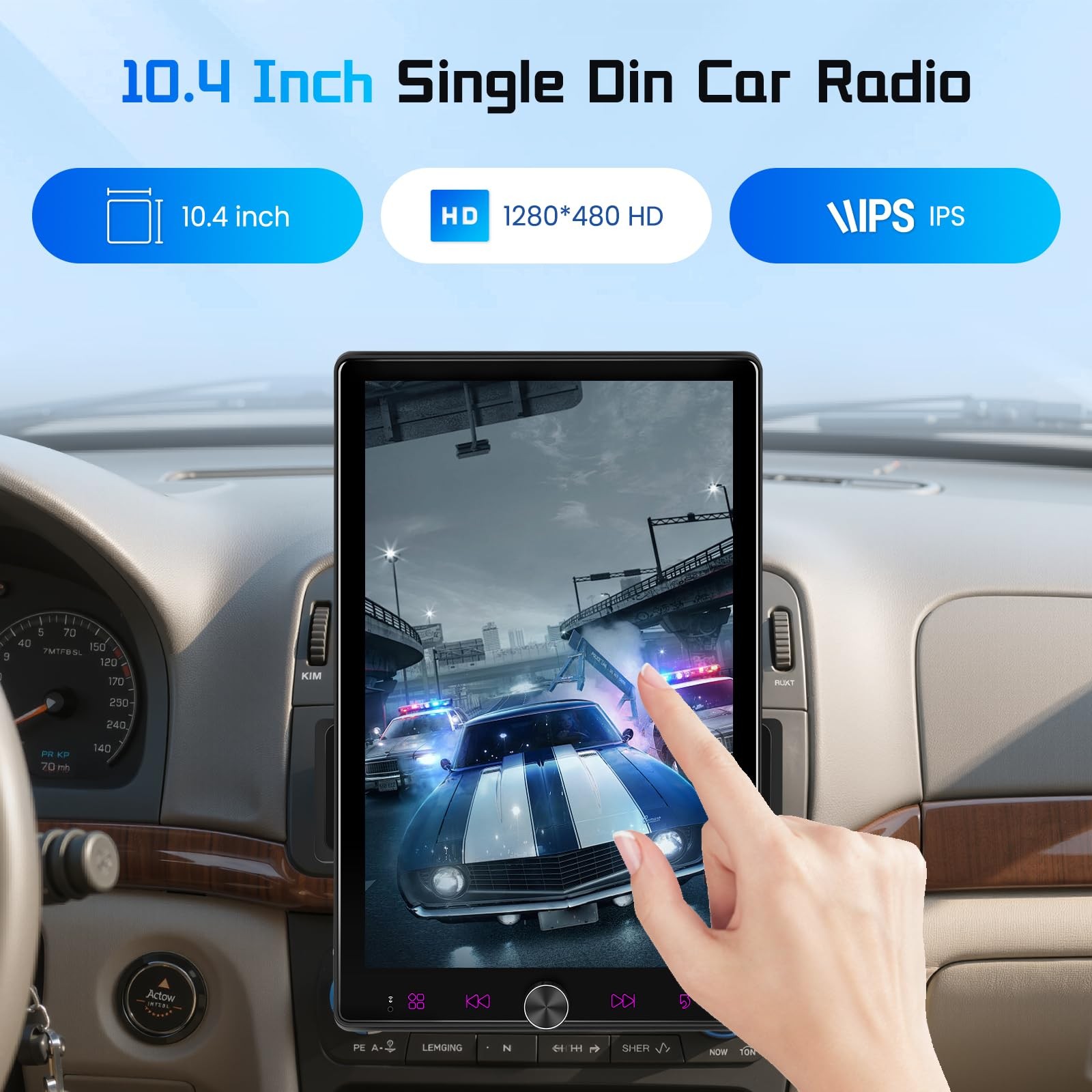 Single Din Car Stereo with Wireless Carplay/Android Auto,10.4″ Adjustable Tou…