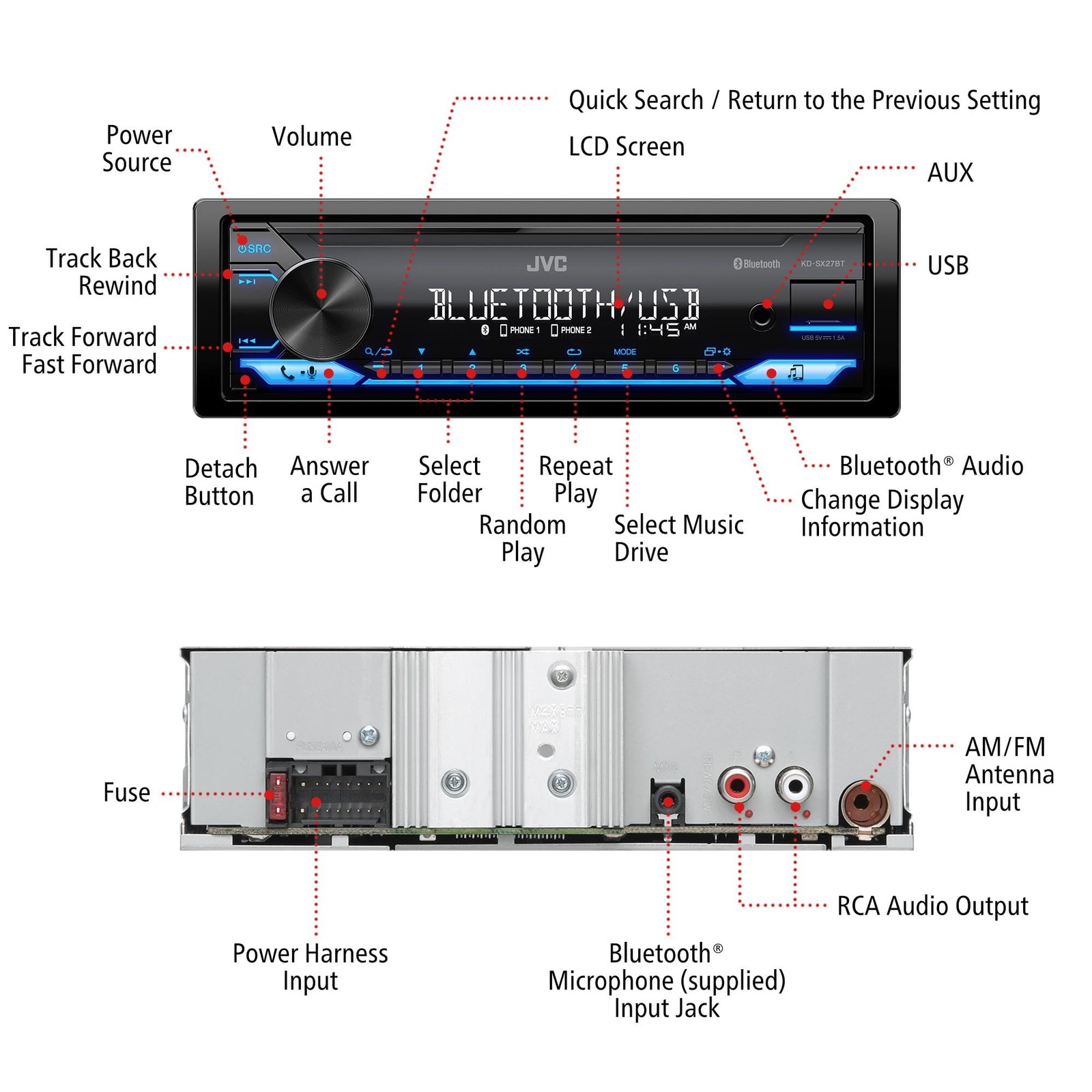 JVC KD-SX27BT Car Stereo with Bluetooth, 100W Digital Media Receiver, 1.5A…