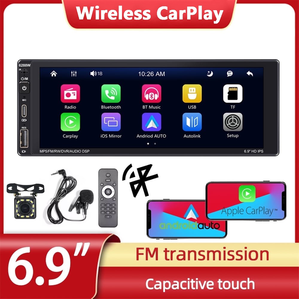 Single Din 6.9 Touch Screen Stereo Bluetooth Radio Car Apple/Android Carplay GPS