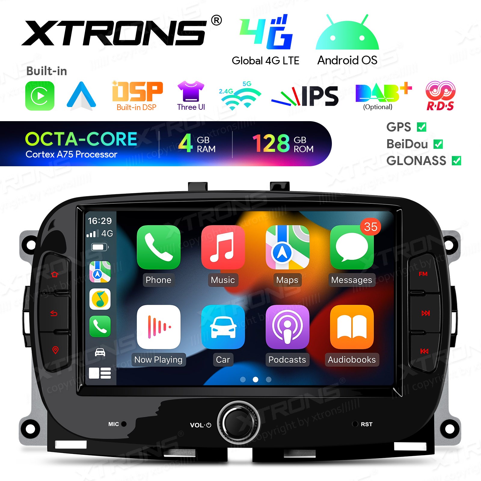 CarPlay For Fiat 500 Android 13 8-Core Car Stereo Radio RDS GPS 4G LTE WiFi 64GB
