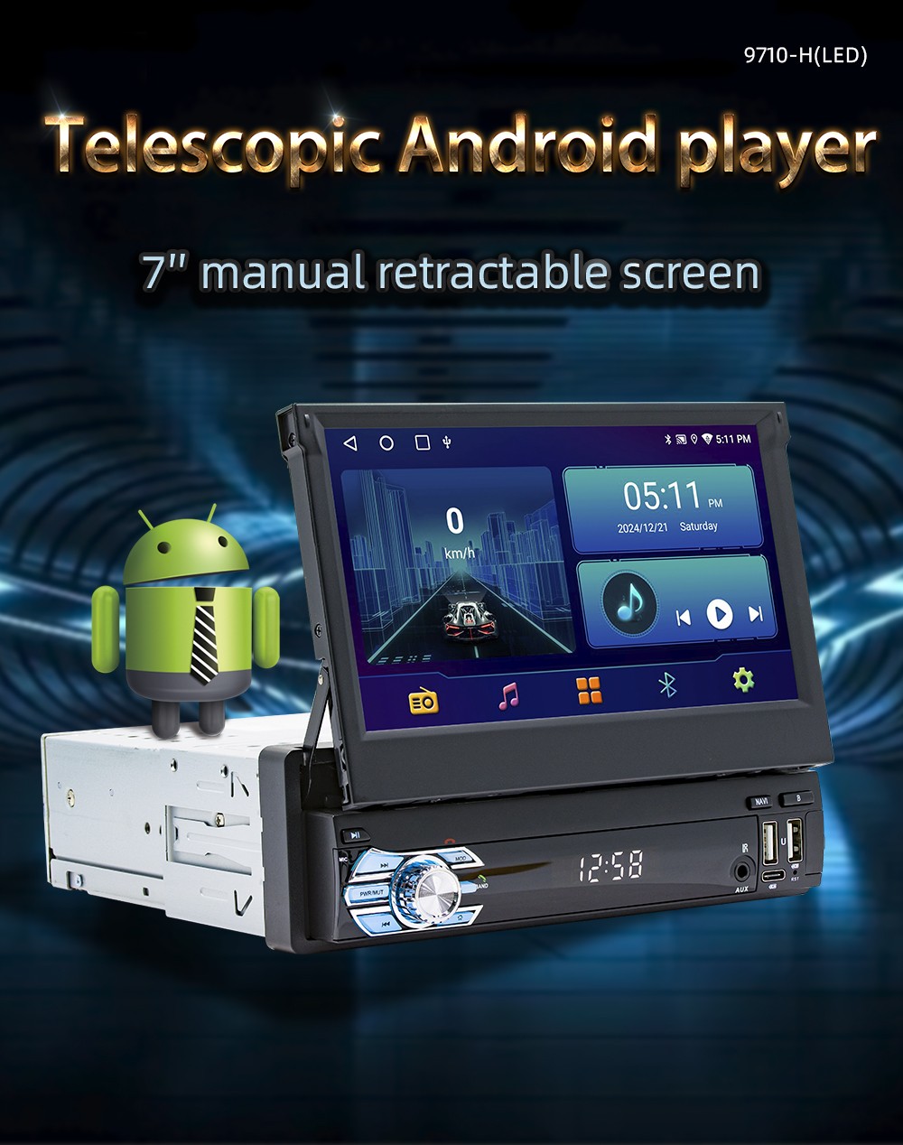 7″ 4+64G Single 1DIN Car Stereo Radio CarPlay Android15 GPS NAV Flip Out Screen
