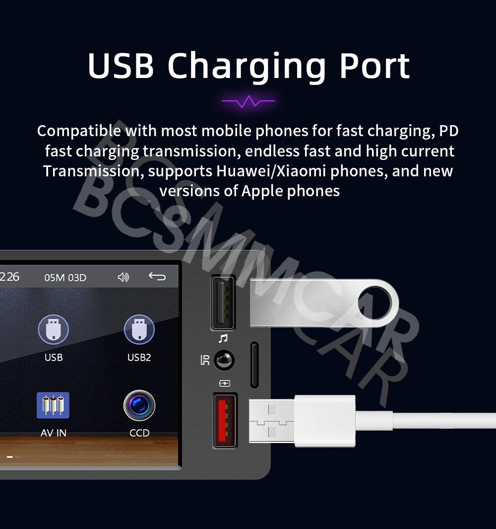 Bluetooth Radio Car Stereo Touch Screen MP5 Player Head Unit Type C USB Charger