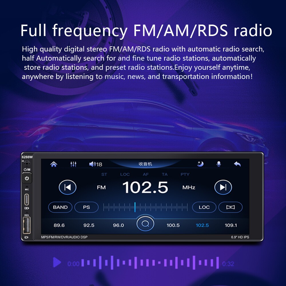 1 Din 6.9″ Carplay Android Auto Bluetooth RDS Touch Screen+Camera Car Radio