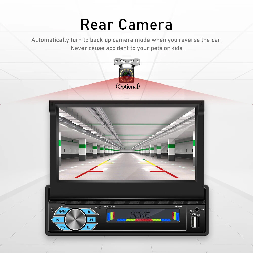 7″ 1 Din Car Stereo Radio Telescopic Screen Touch Screen Wireless Carplay FM+cam