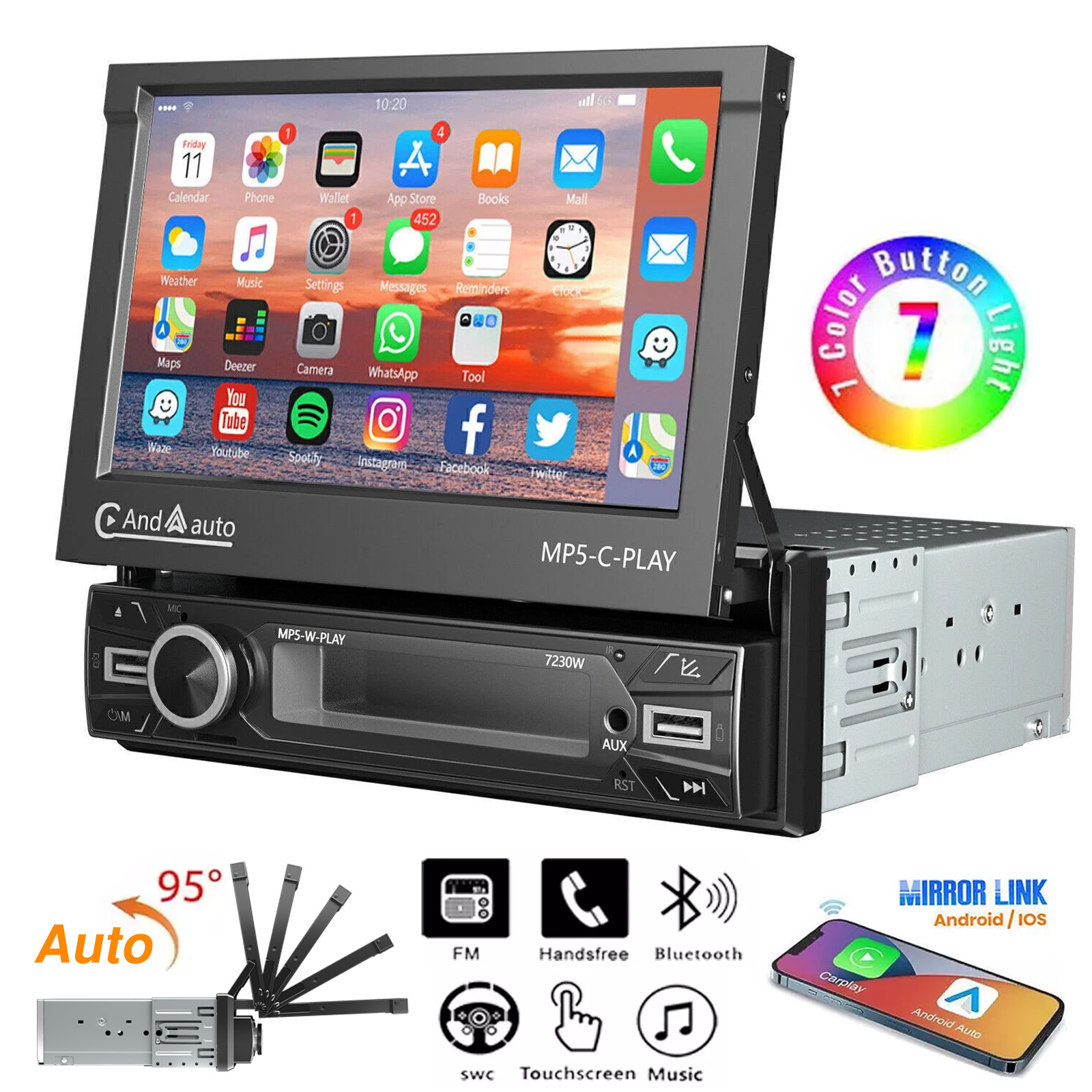 Auto Retractable Flip Out Single Din 7″ Car Stereo Radio, 1024 600P Touchscreen