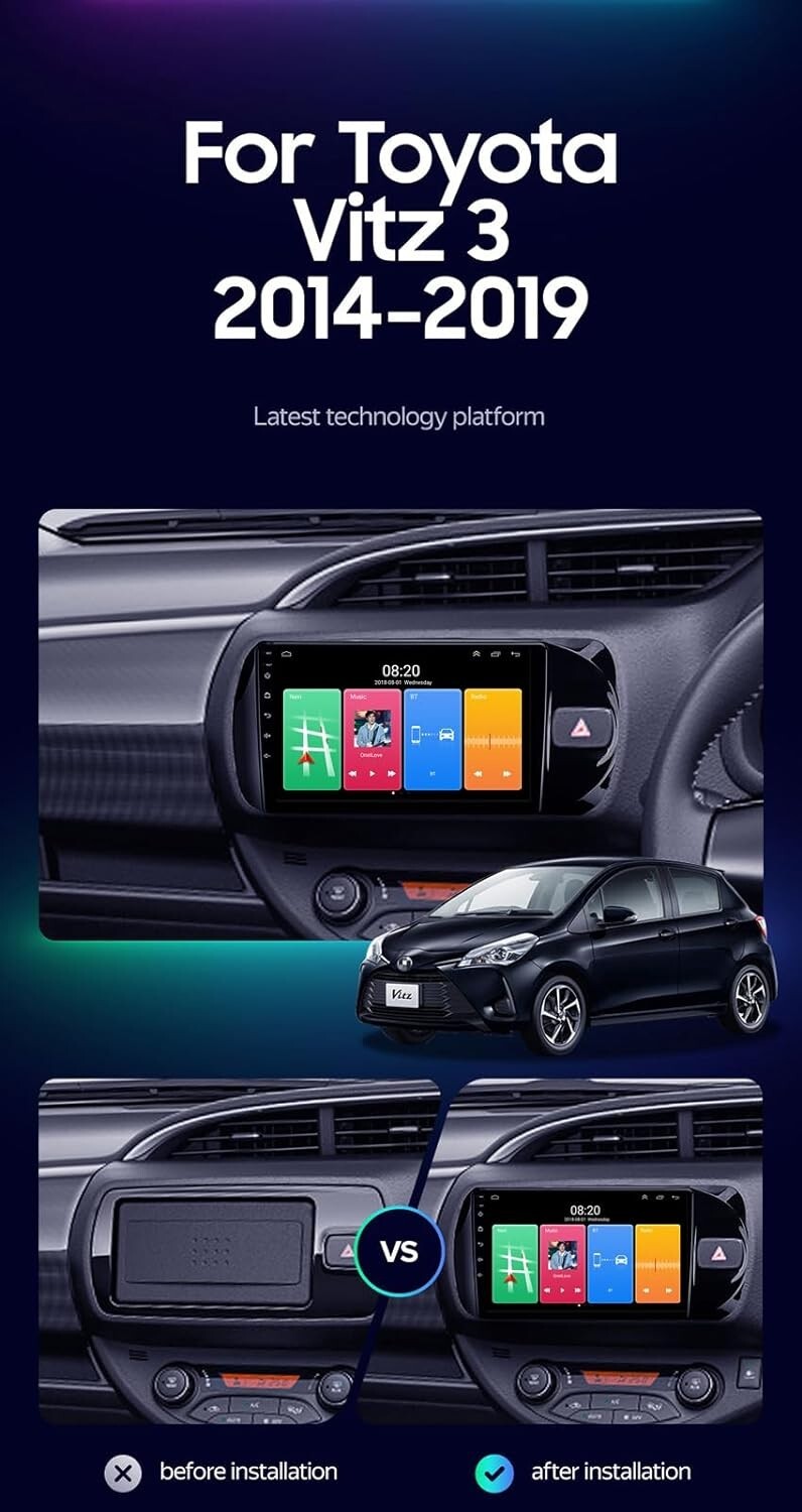 For TOYOTA VITZ 9″ Android Radio CarPlay Car Frame Harness Rear Camera 8CORE