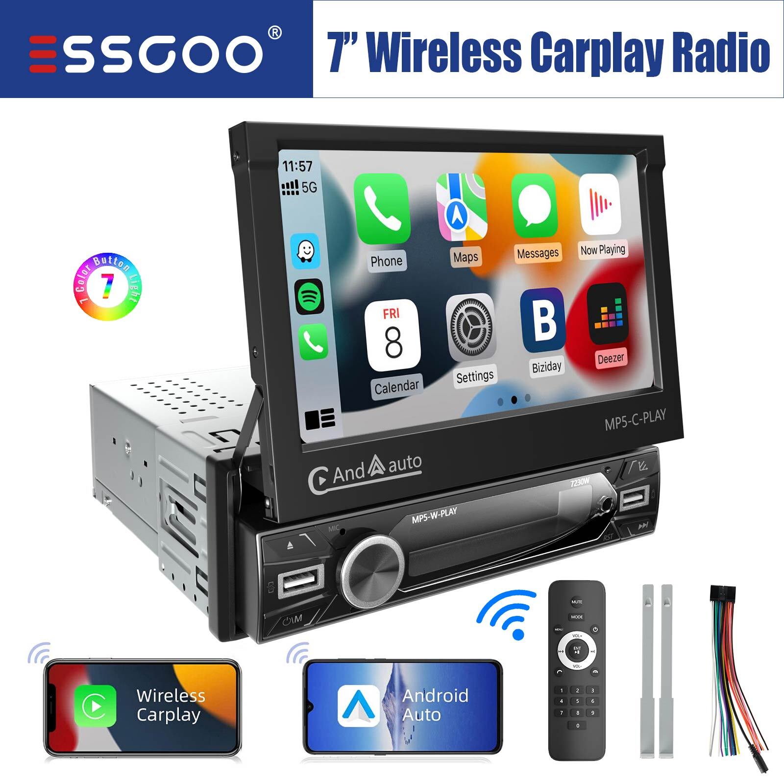 Single DIN 7″ Wireless Apple Carplay Car Stereo MP5 Player Radio Flip Out Screen