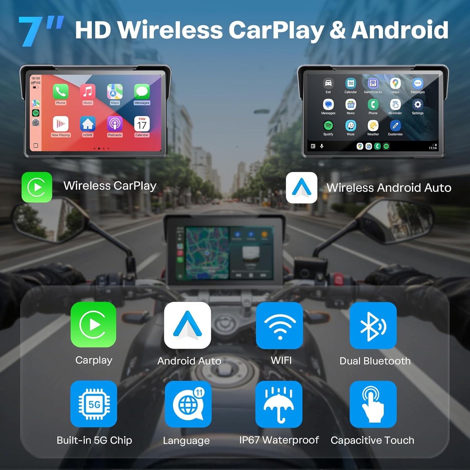 7-inch Motorcycle Navigation GPS Wireless Carplay Android Touch Screen + IP67