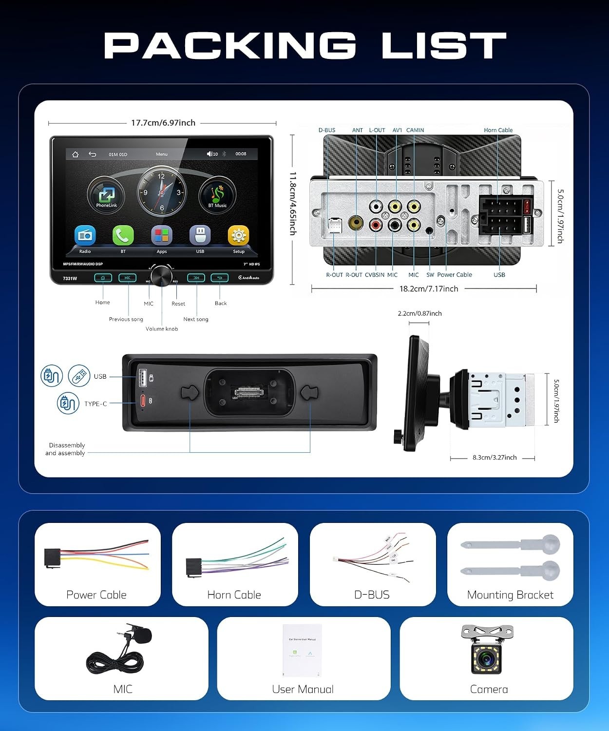 Single DIN Car Stereo 7″ Swivel Touchscreen Wireless CarPlay Android Auto Blueto