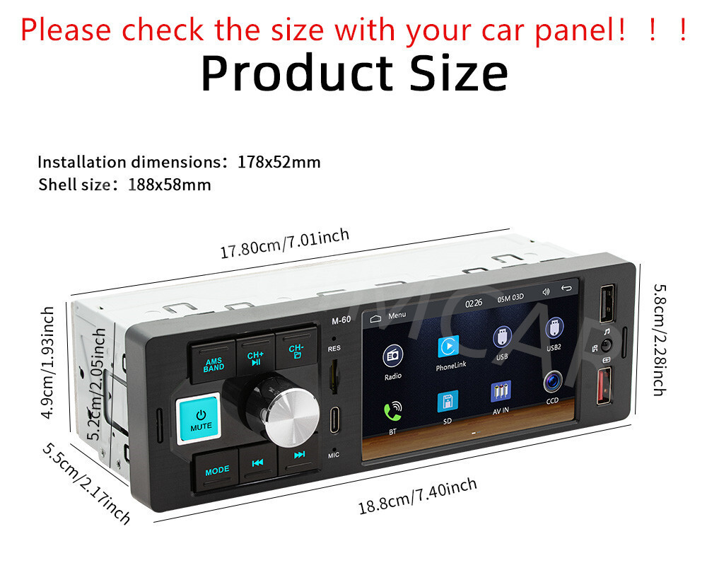 Car Radio Player For CarPlay Android Auto Touch Screen Bluetooth TF AUX USB RCA
