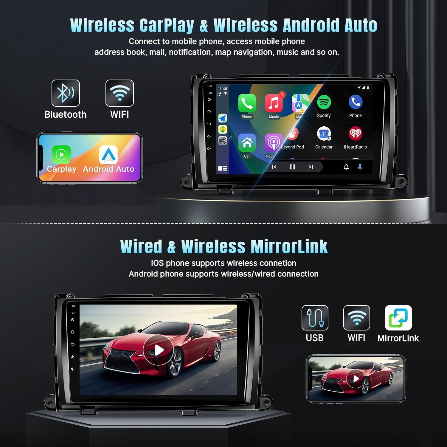 Naifay Car Radio Stereo for Toyota Sienna 11-14 w/Wireless CarPlay Android