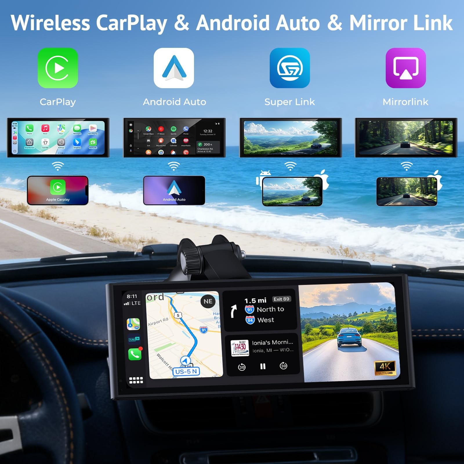 Wireless Apple Carplay Screen 10.26″ 4K Dash Cam 1080P