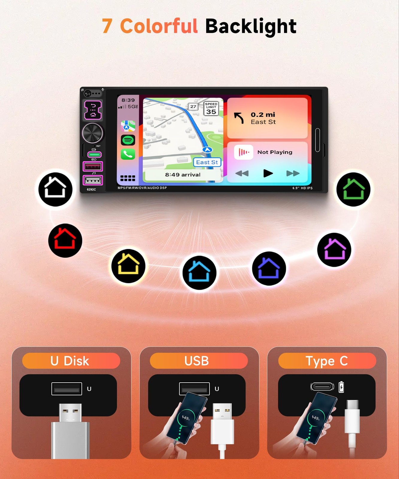 6.9 inch Single Din Car Stereo Wired Carplay Android Auto Car Radio with Blue…