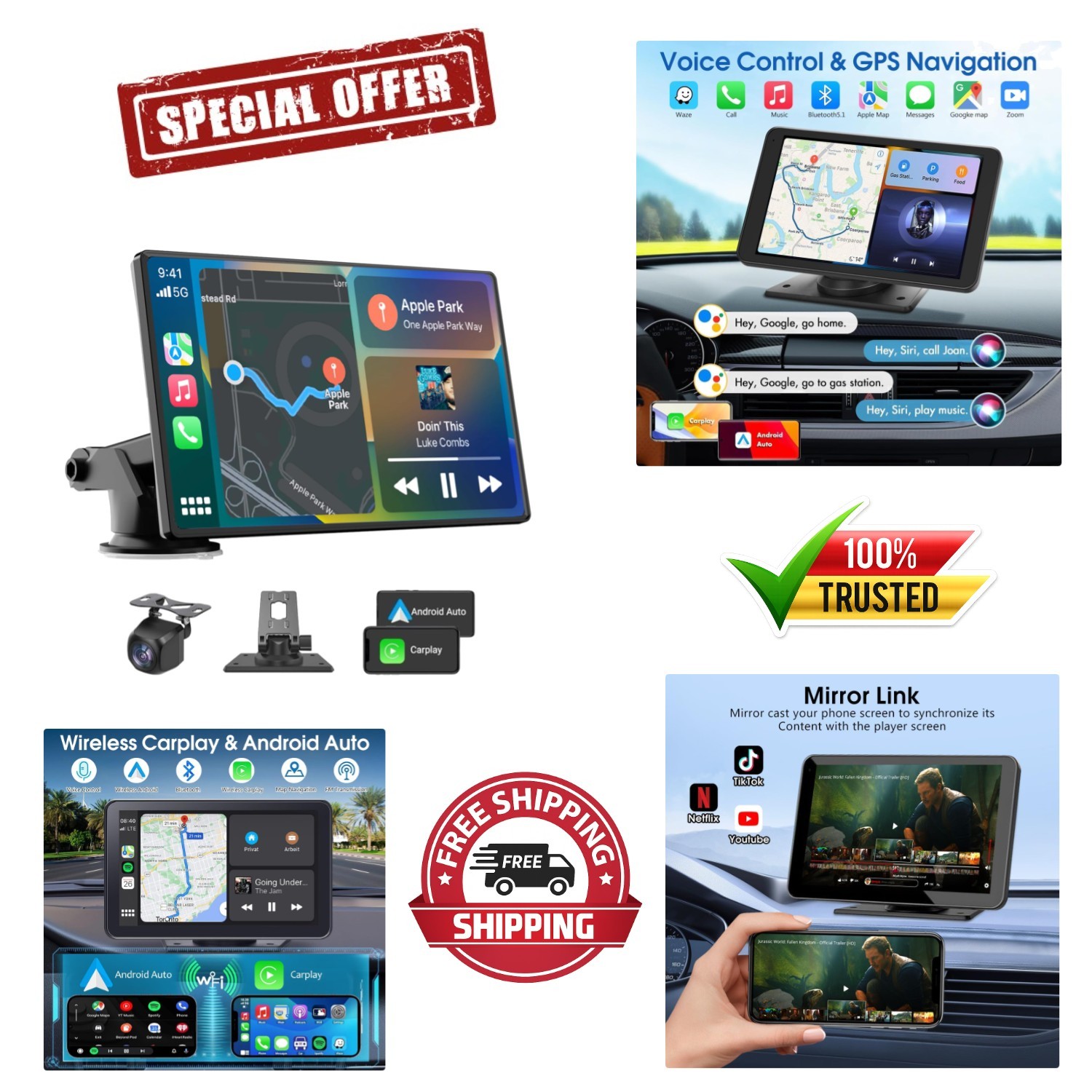 Portable 7-Inch Carplay Screen with HD Backup Cam & Mirror Link – Universal Fit