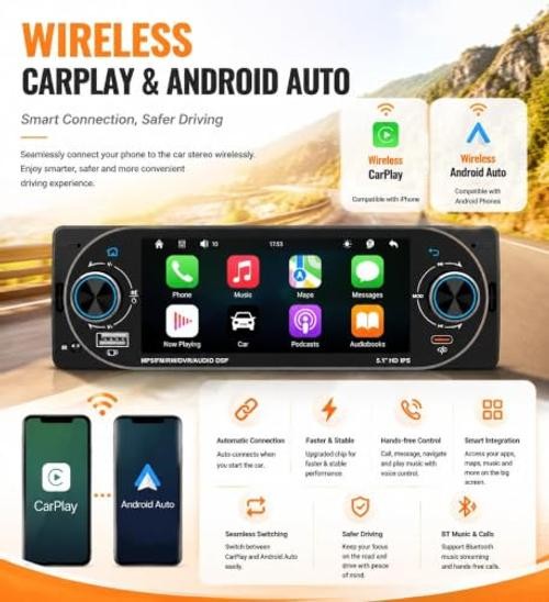 5.1″ Single Din Bluetooth Car Stereo Wireless CarPlay Radio Android Auto | IPS