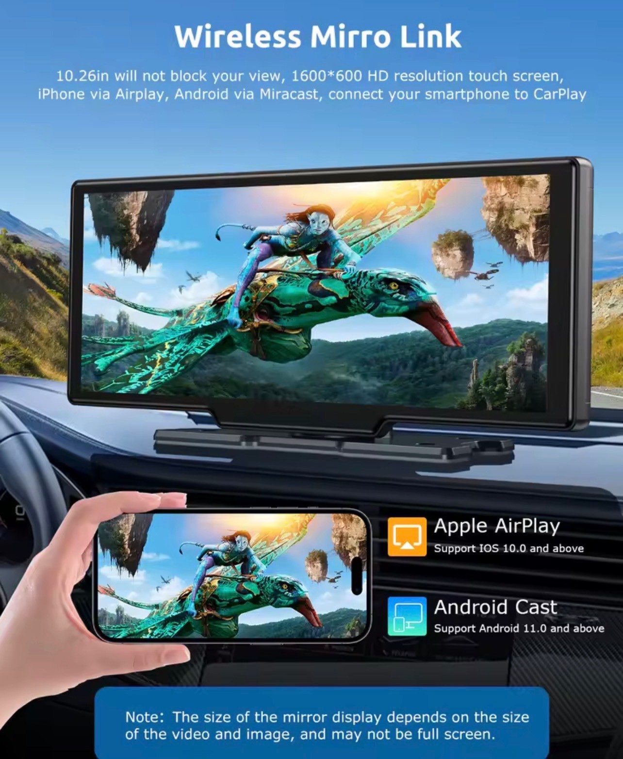 10.26″ 4K Car Portable Wireless Apple CarPlay Android Auto Large Screen Dash Cam
