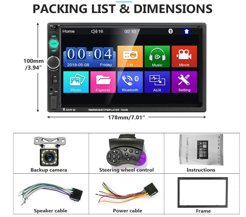 Podofo 7″ Double Din Car Stereo Radio MP5 Player Bluetooth Touchscreen w/Camera