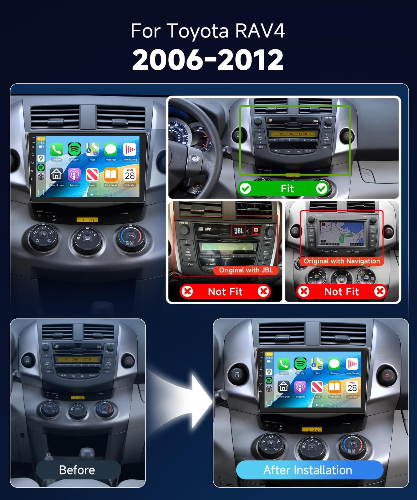 9″ Touchscreen Wireless Carplay Android Auto Stereo for 2006-2012 Toyota RAV4