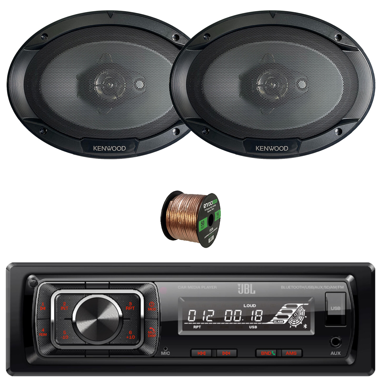 JBL Single-DIN Bluetooth Receiver, 2x 6×9″ 400W Max Flush Mount 3-Way Speakers