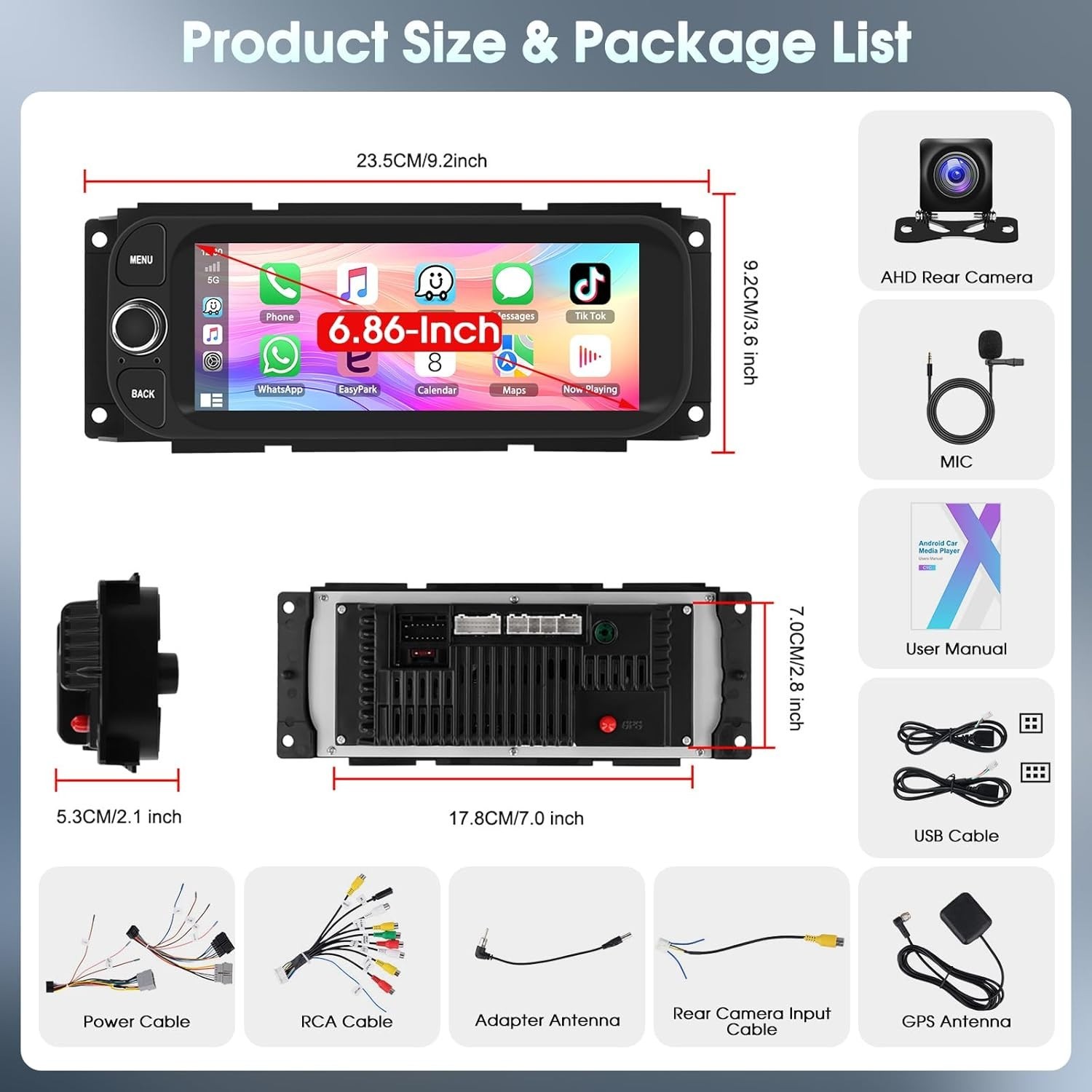 Android 15 Single DIN Car Stereo 6.86″ GPS CarPlay Auto Camera Jeep