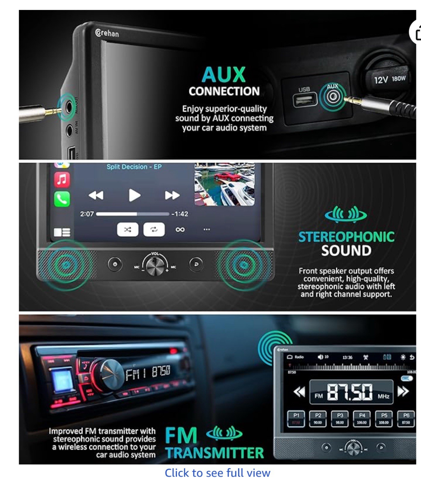 Bluetooth Car Stereo Touch Screen Wireless Apple Carplay Android Backup Cam 7”