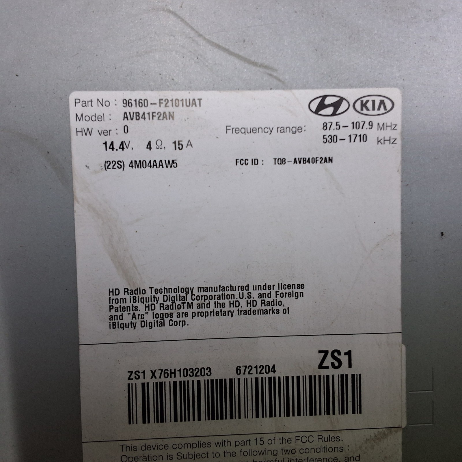 17 18 Hyundai Elantra AM FM radio receiver OEM 96160F2101UAT