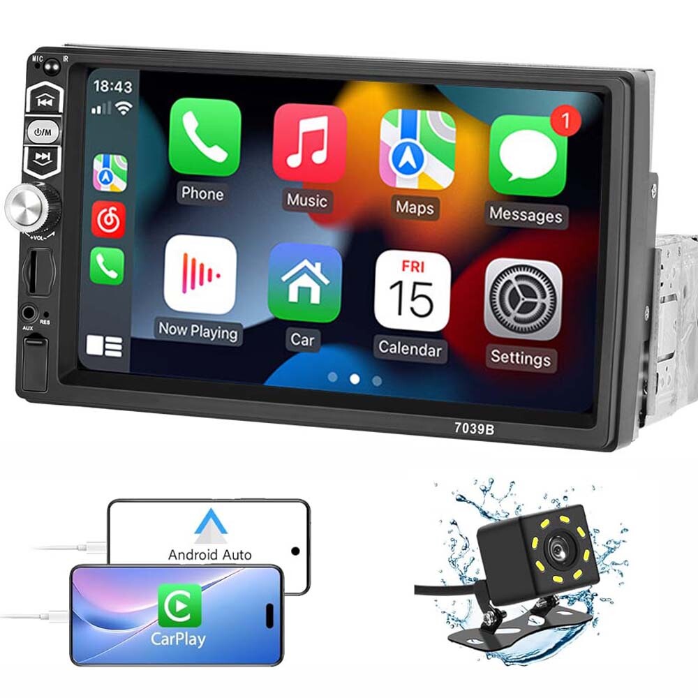 1 Din 7″ Car Stereo Radio Bluetooth Apple Carplay Touch Screen MP5 Player FM/EQ