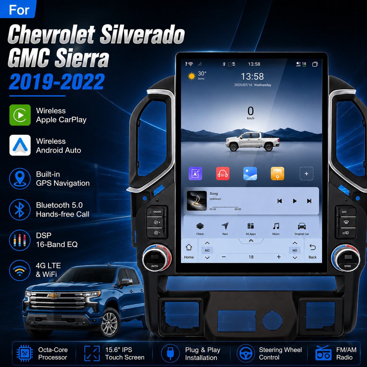 For 2019-2022 Chevrolet Silverado GMC Sierra 4+64GB CarPlay Car Stereo Radio GPS
