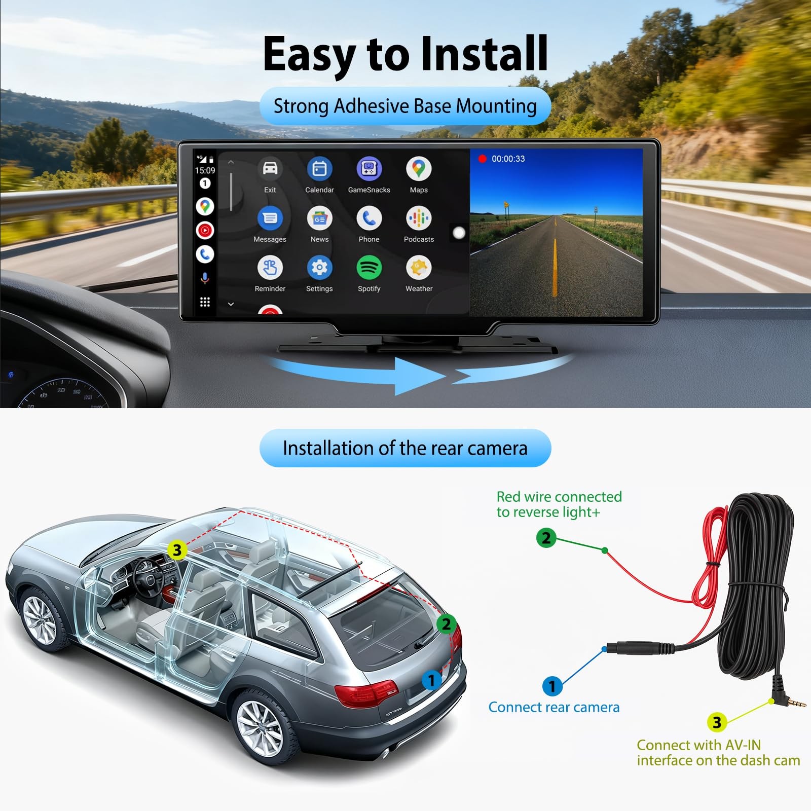 10.26″ Wireless CarPlay Screen for Car: 4K Dash Cam & 1080P Backup Black
