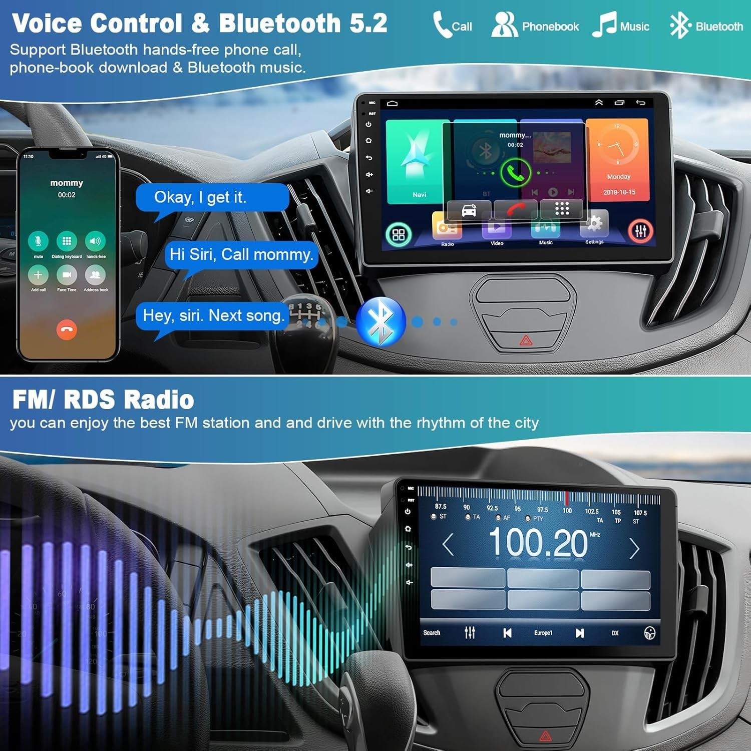 4+64G Android 13 Car Radio for Ford 2013-2019 Transit, 9 Inch IPS Touch Screen