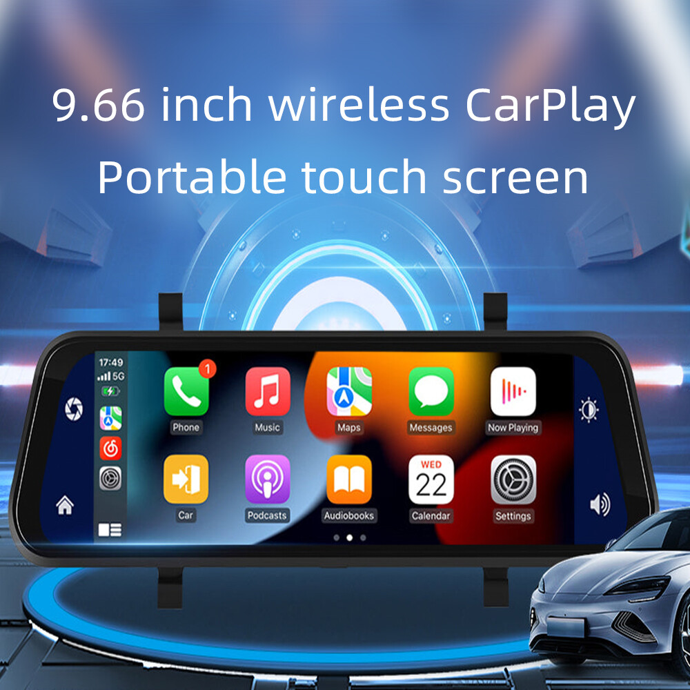 Portable 9.66″Dash Cam Mirror Link Wireless CarPlay Android Auto GPS Dual Camera